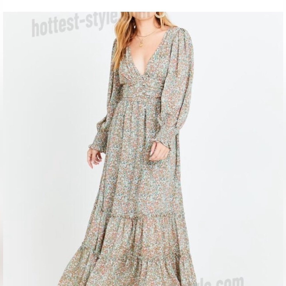 Altar’d State Floral Long Sleeve V-Neck Smocked Tiered Maxi Dress
